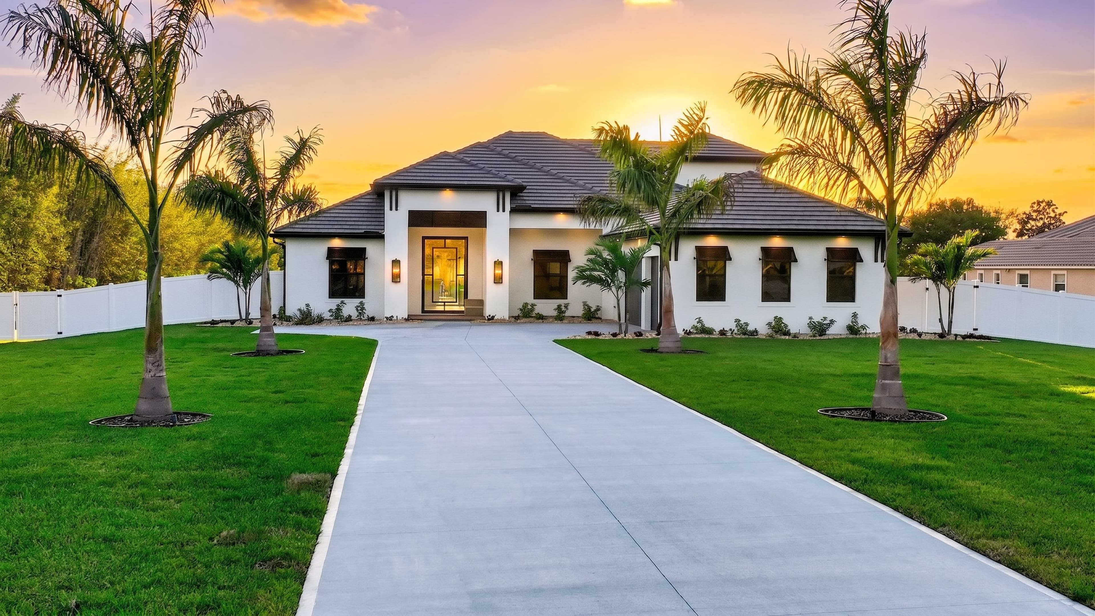 Aerial front elevation in golden-hour light