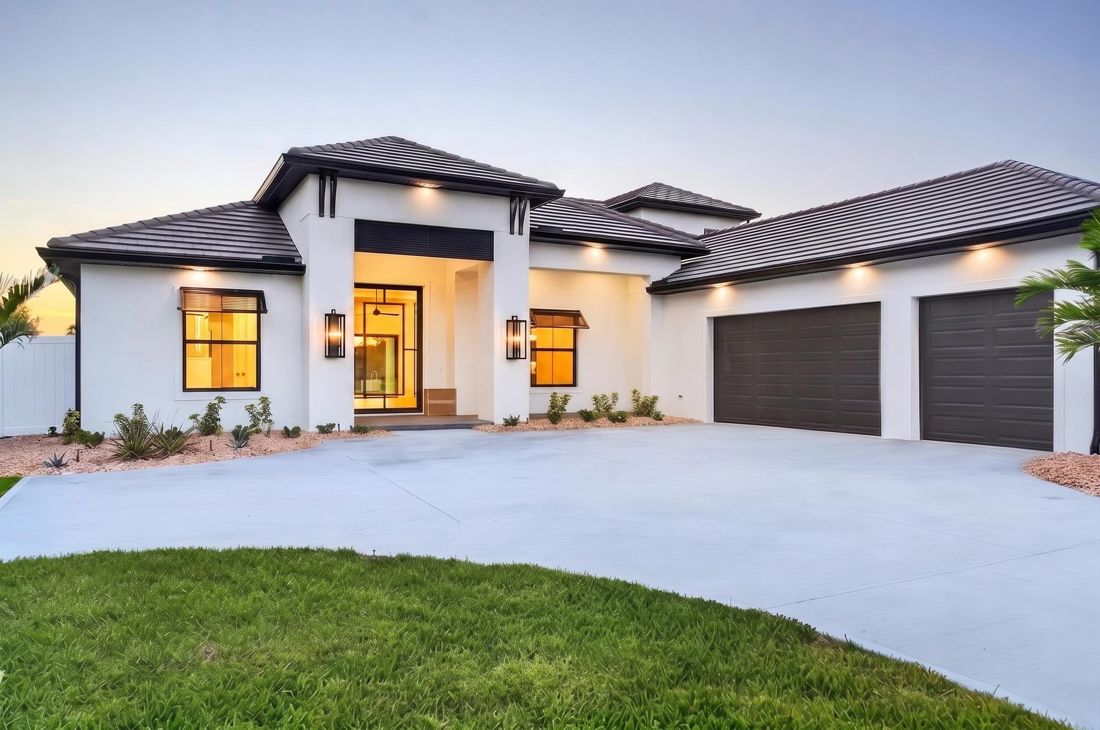 Modern stucco home at twilight with warm-windowed entry and tile roof